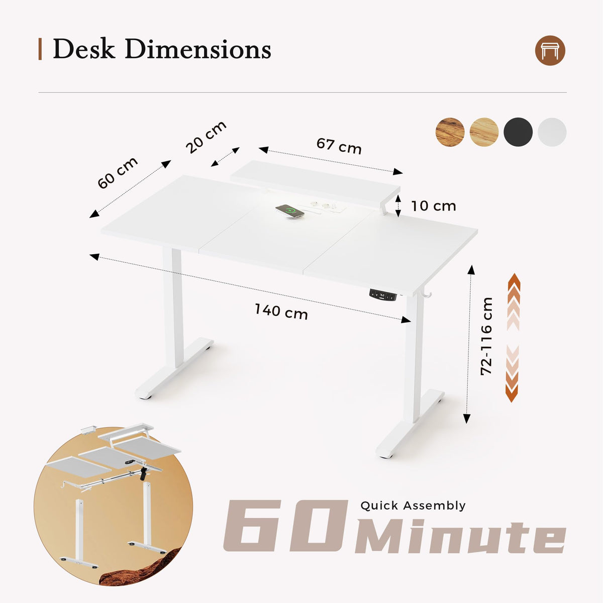 Klicelor Electric Standing Desk, Led & Plug, Movable Monitorstand, 140x60 - image 2