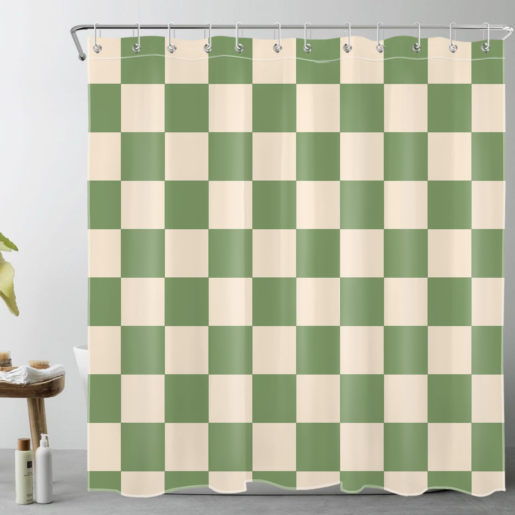 Plaid Shower Curtain – Green and Beige Geometric Polyester
