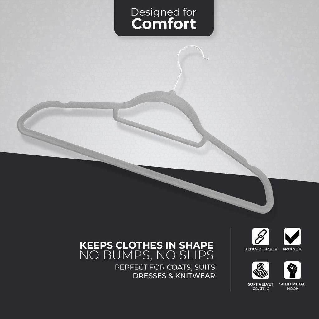 Roe Tenpo Coat Hangers, 20 Pack, Grey | Velvet Hangers for Clothes with Tie Bar & 360° Hook | Durable & Sturdy | Non-Slip