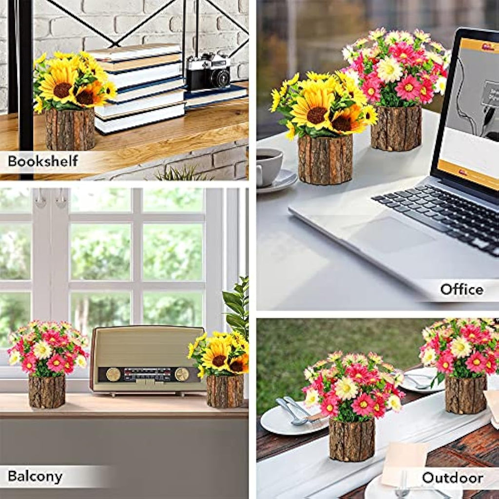 Artificial Sunflowers | Potted Fake Plants with Bark Pots