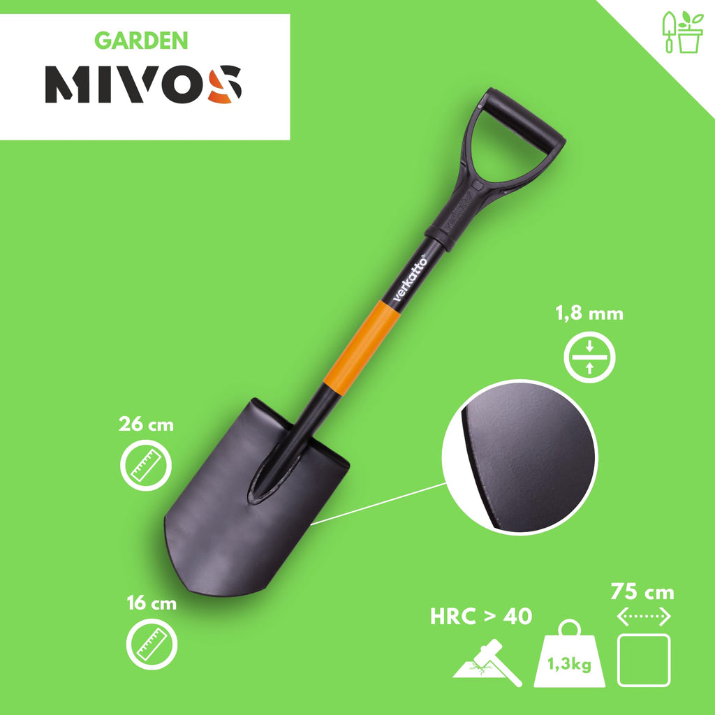MIVOS Mini Pointed Spade – 75cm Hardened Steel Shovel with D-Handle