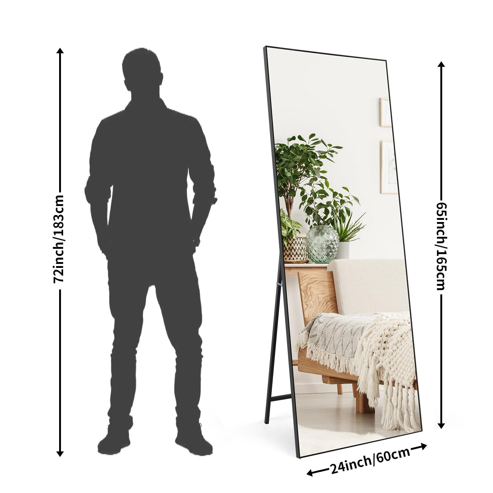 HORLIMER Full Length Mirror | 65x24 Black Frame Shatterproof Floor Mirror