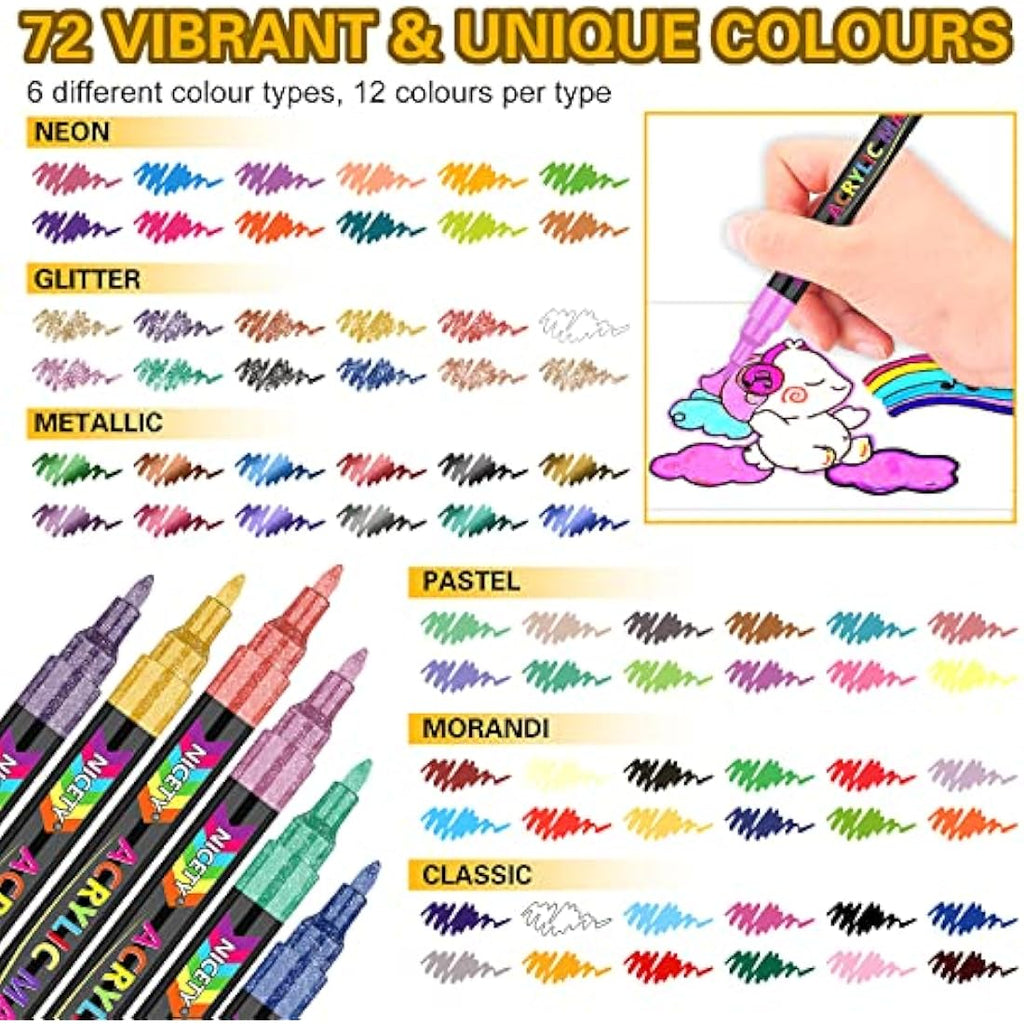 NICETY Acrylic Paint Pens - 72 Colors Extra Fine Tip Markers for Rock Painting