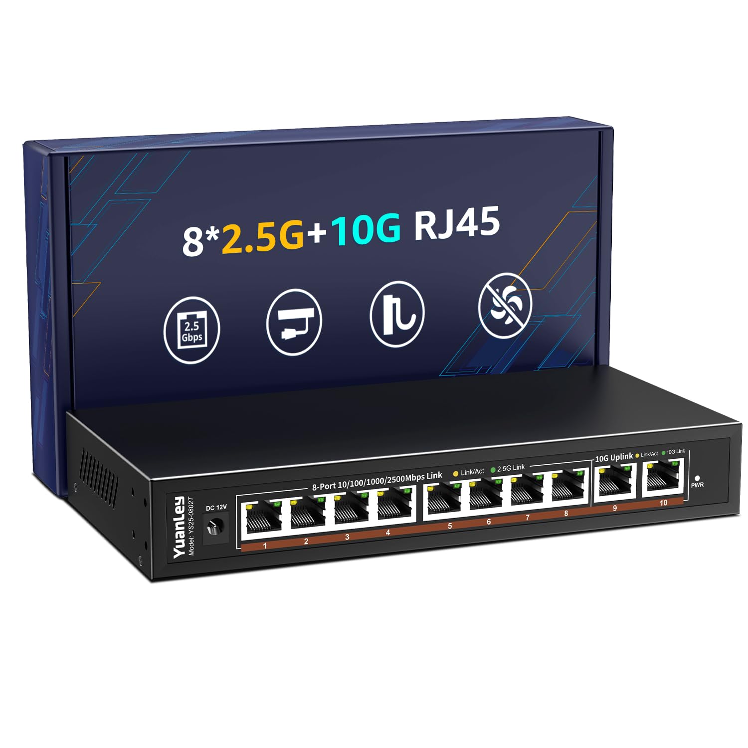 YuanLey 10 Port 10G Unmanaged Ethernet Switch – 8x 2.5G & 2x 10G RJ45