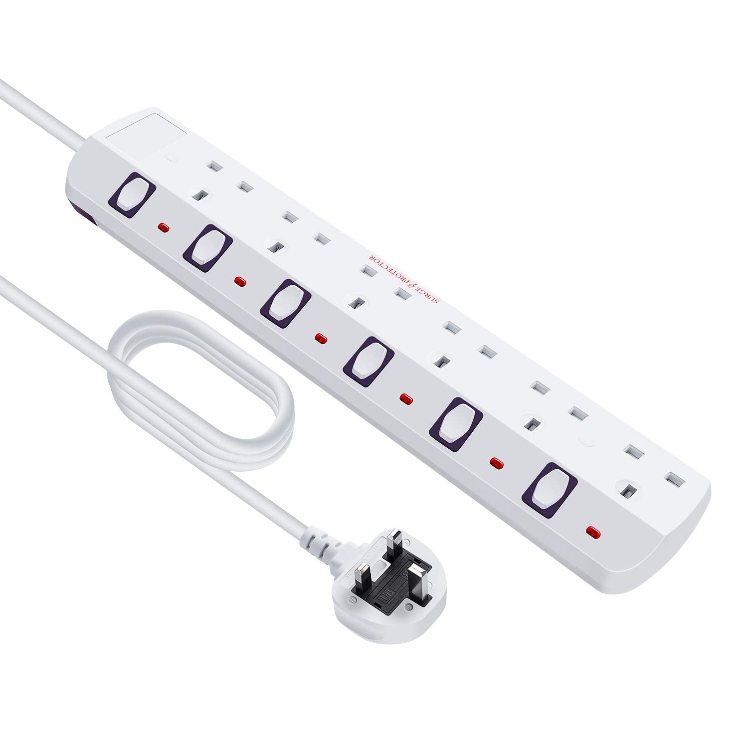 6 Way Surge Protected Extension Lead with Individual Switches