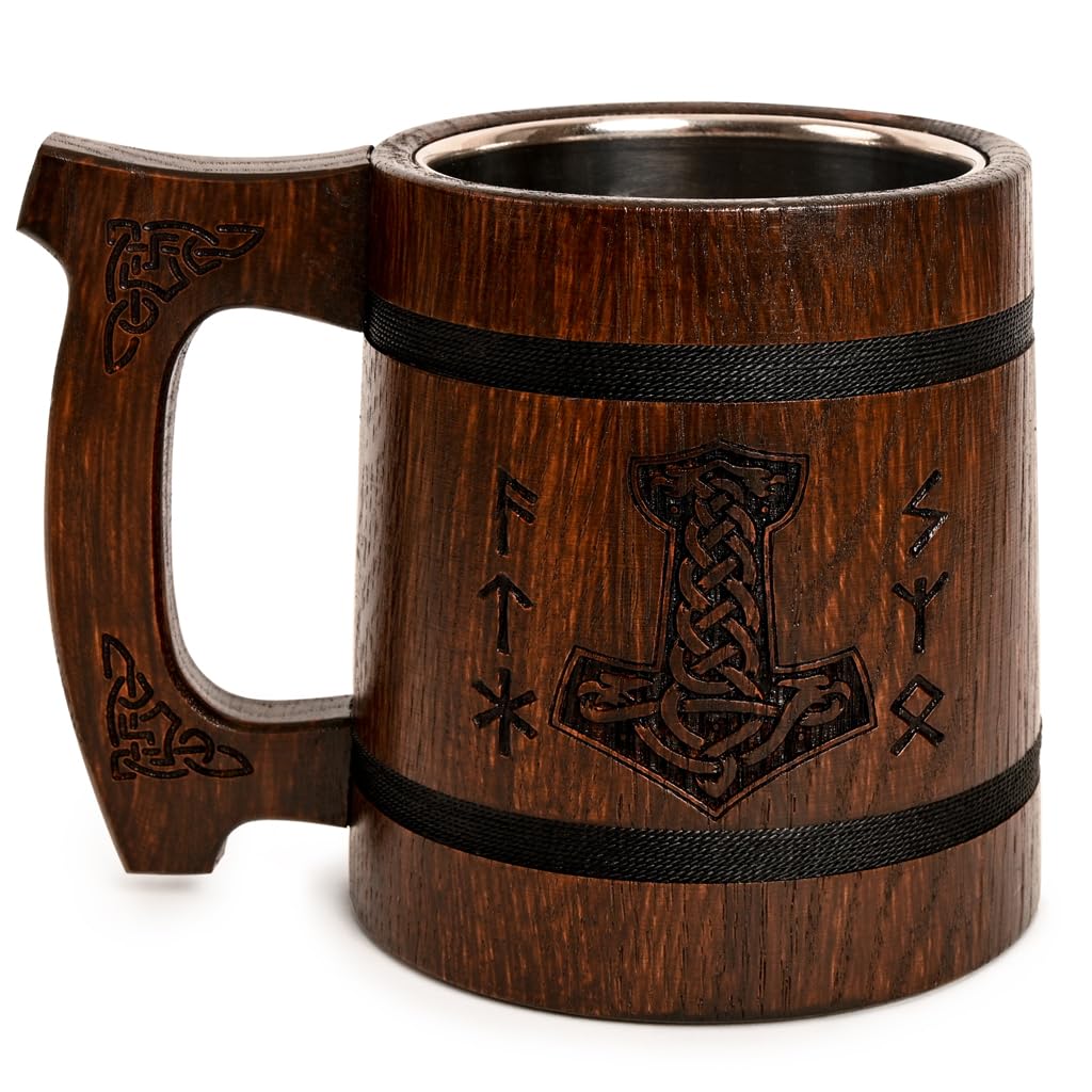 Teslyar Viking Beer Mug – 20oz Handcrafted Oak Wood & Stainless Steel