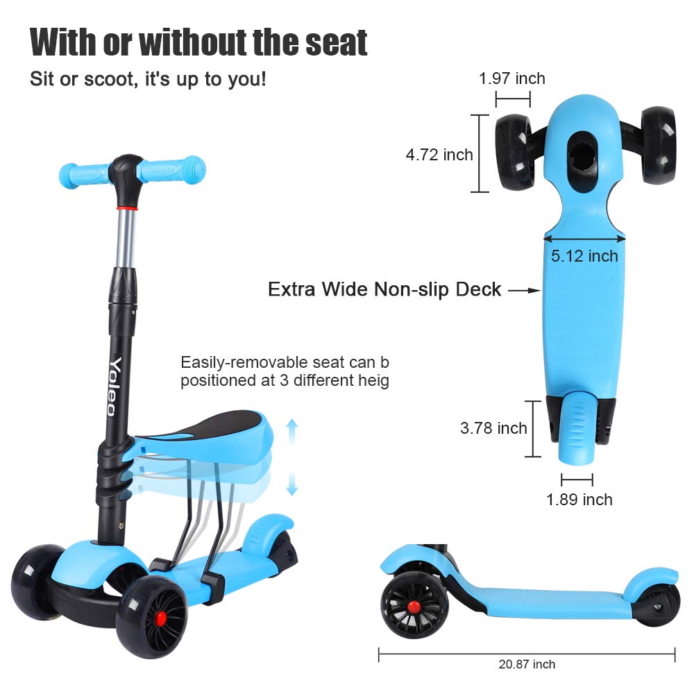 YOLEO 3-in-1 Kids Kick Scooter with Removable Seat and LED Wheels