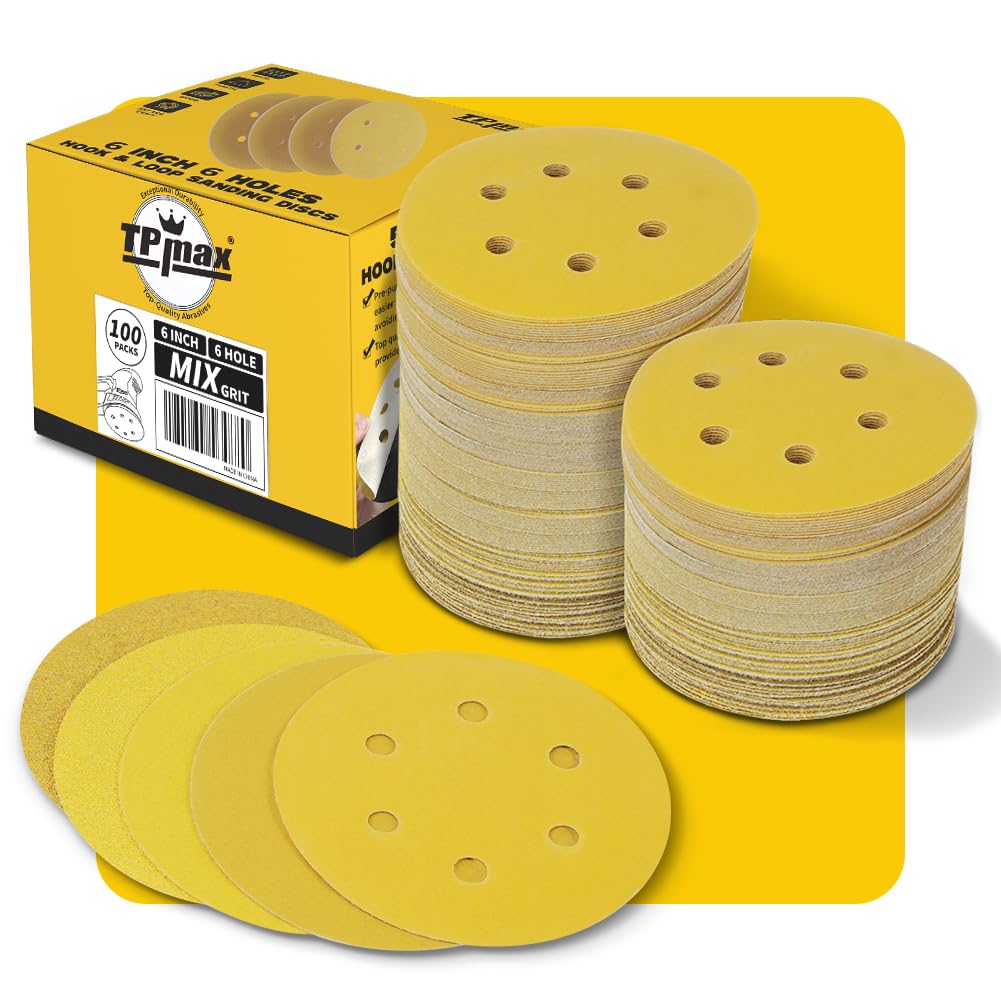 Jolof Store 6 Inch 6 Hole Sanding Discs - 100 Pack Mixed Grits Gold