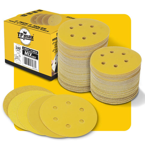 Jolof Store 6 Inch 6 Hole Sanding Discs - 100 Pack Mixed Grits Gold