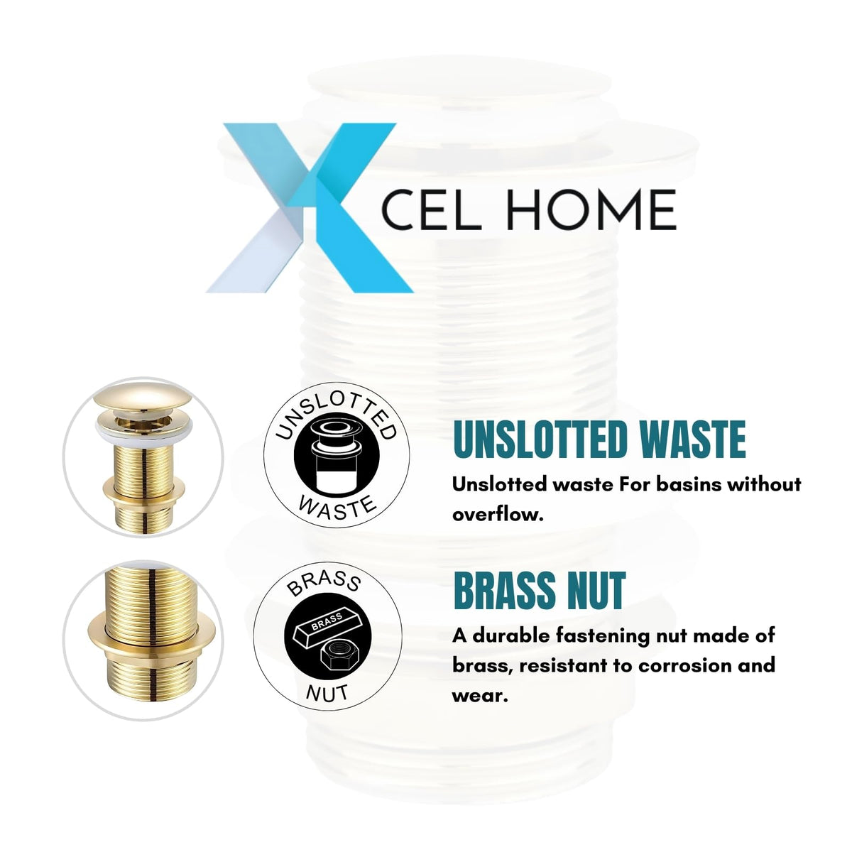 Gold Unslotted Dome Basin Waste with Brass Nut - Bathroom Sink Drain - image 3