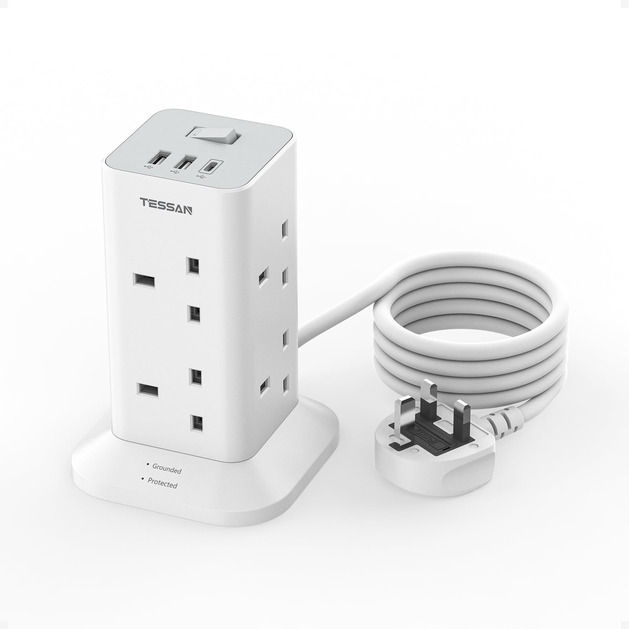 TESSAN 8 Way Tower Extension Lead with USB C | Surge Protected 2M Cable