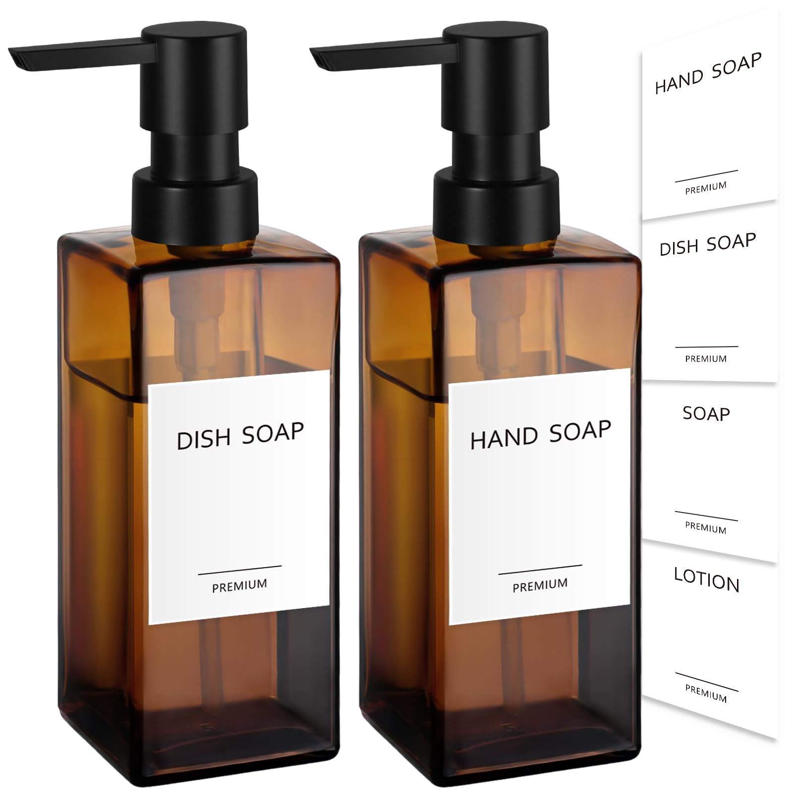 GMISUN Amber Glass Soap Dispenser Set – 12oz Refillable Square Bottles