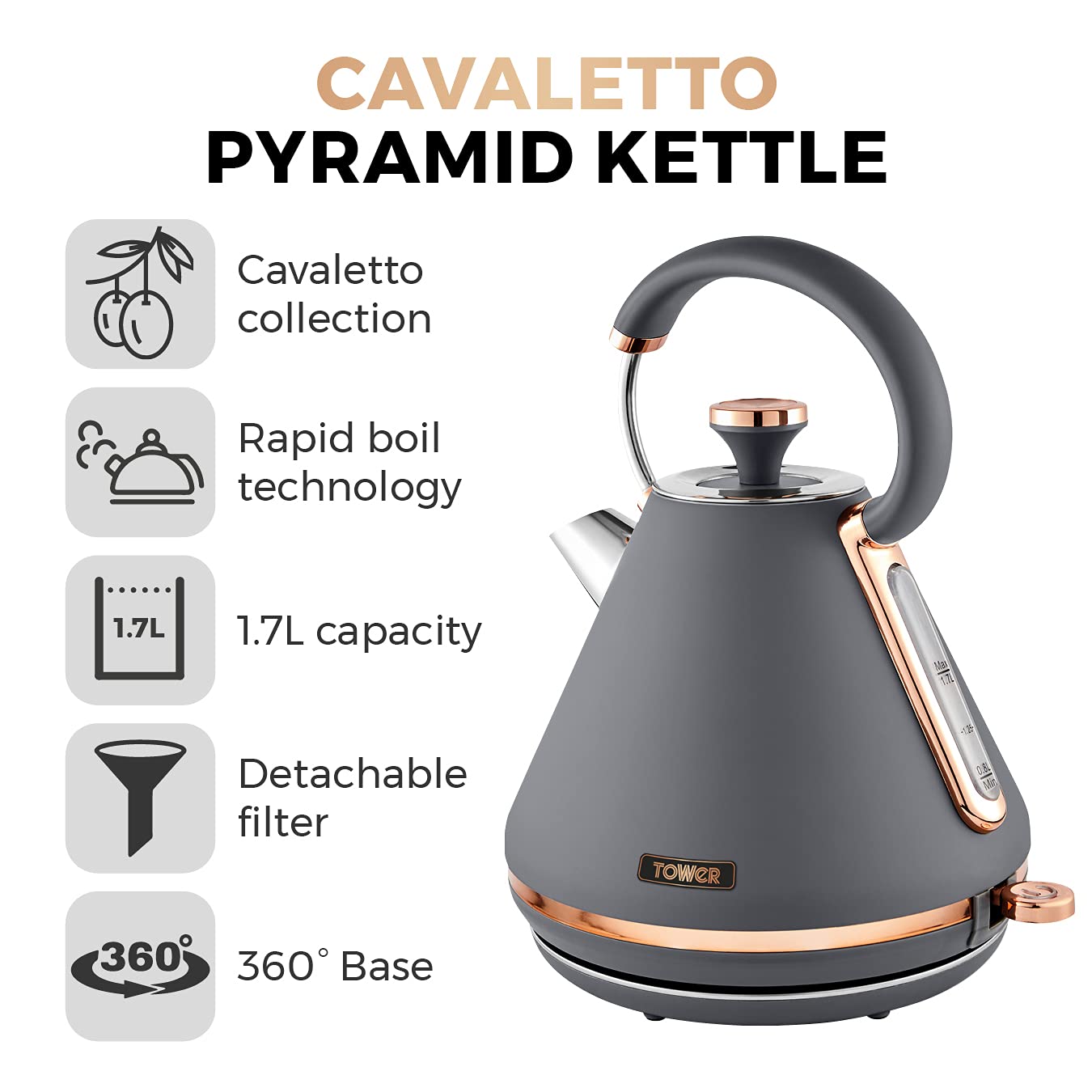 Tower Cavaletto Pyramid Kettle | 1.7L Rapid Boil 3000W | Grey & Rose Gold