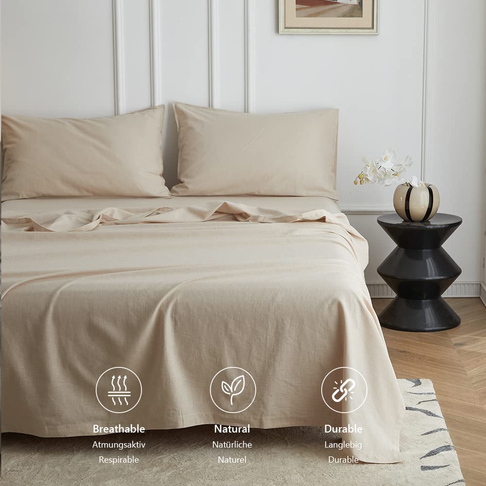 Simple&Opulence King Flat Sheet | Linen Cotton Blend Bed Sheet – Beige