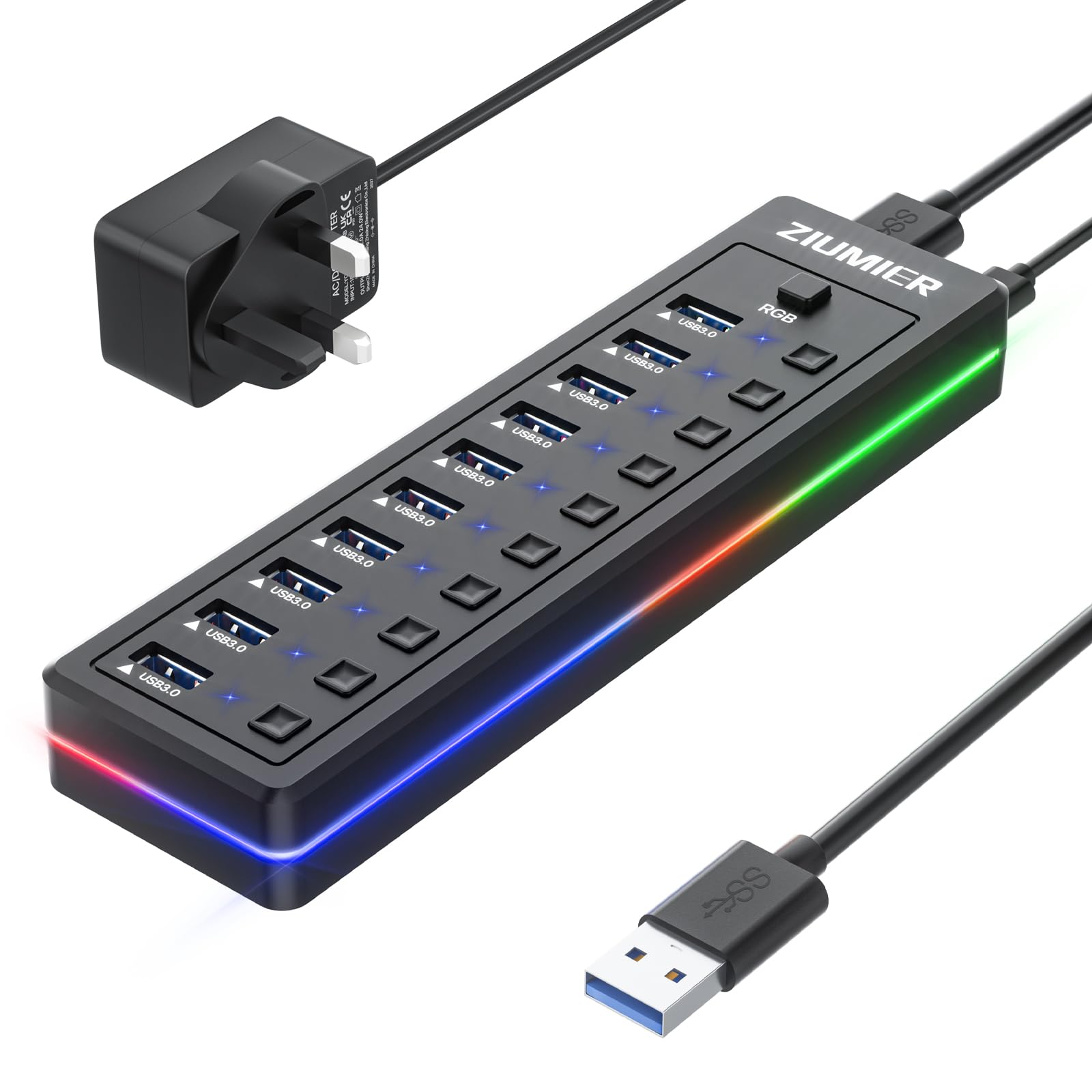 Jolof Store 10-Port Powered USB 3.0 Hub with RGB LED & Power Adapter