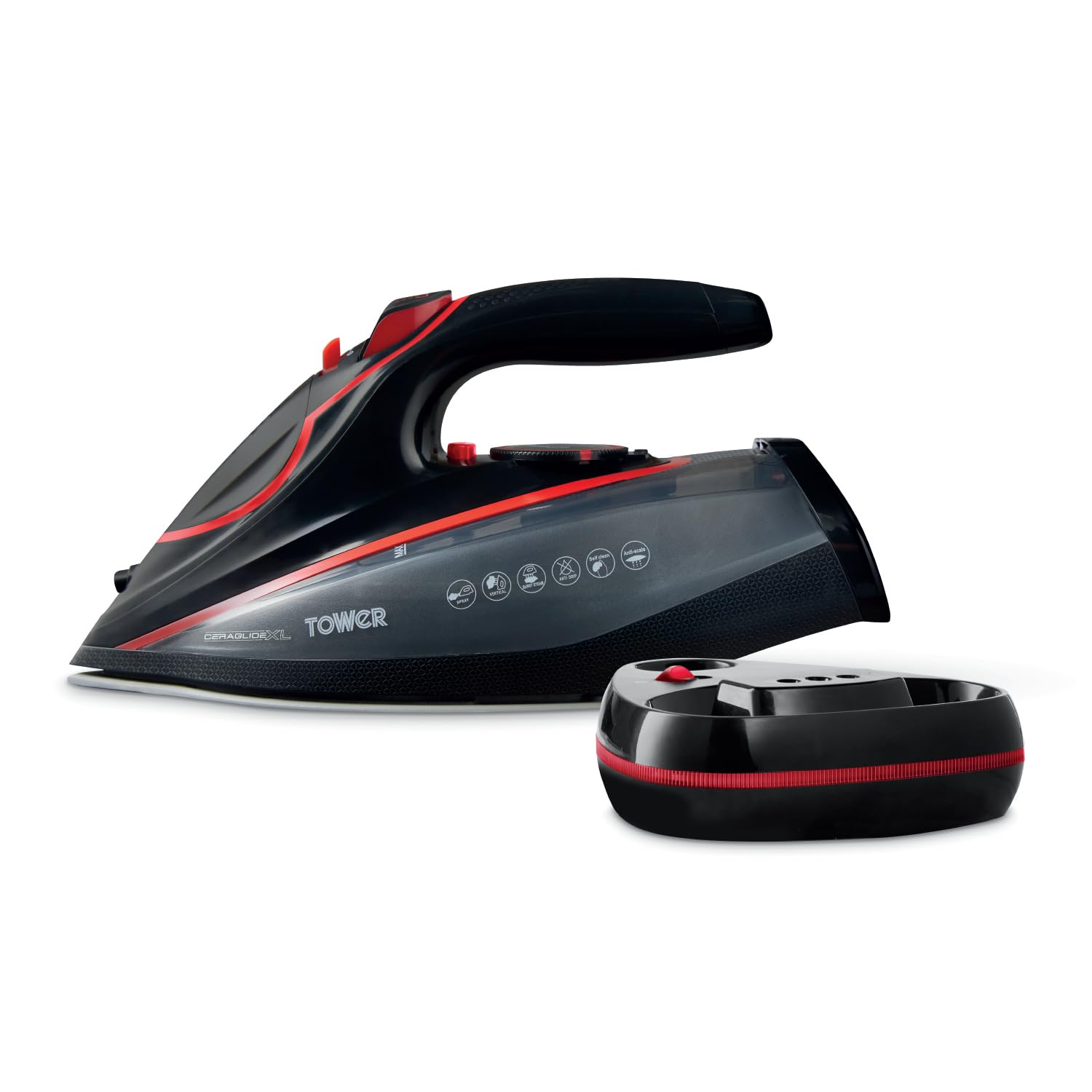 Tower 3100W Cordless Steam Iron | Ceraglide XL Ceramic Soleplate – Red