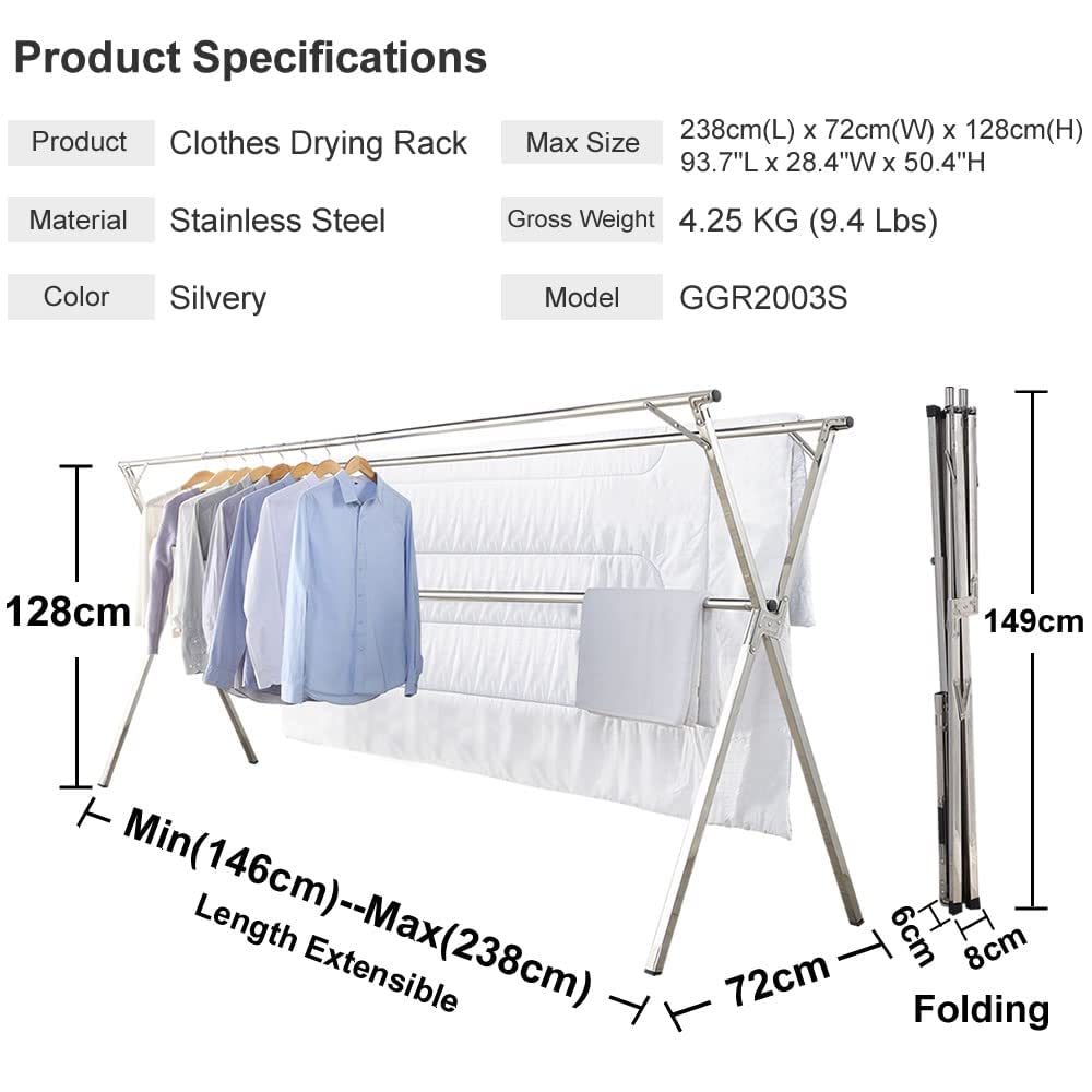 GISSAR Foldable Stainless Steel Clothes Drying Rack – Extensible Airer