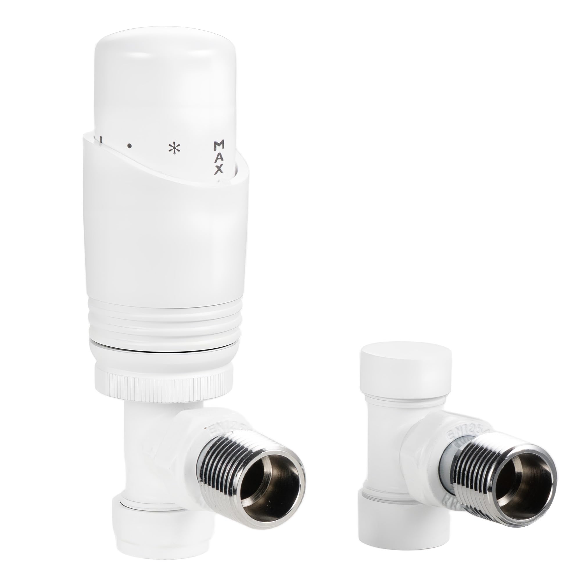 VANCOCO Thermostatic Radiator Valve Set - 15mm Angled Brass TRV White