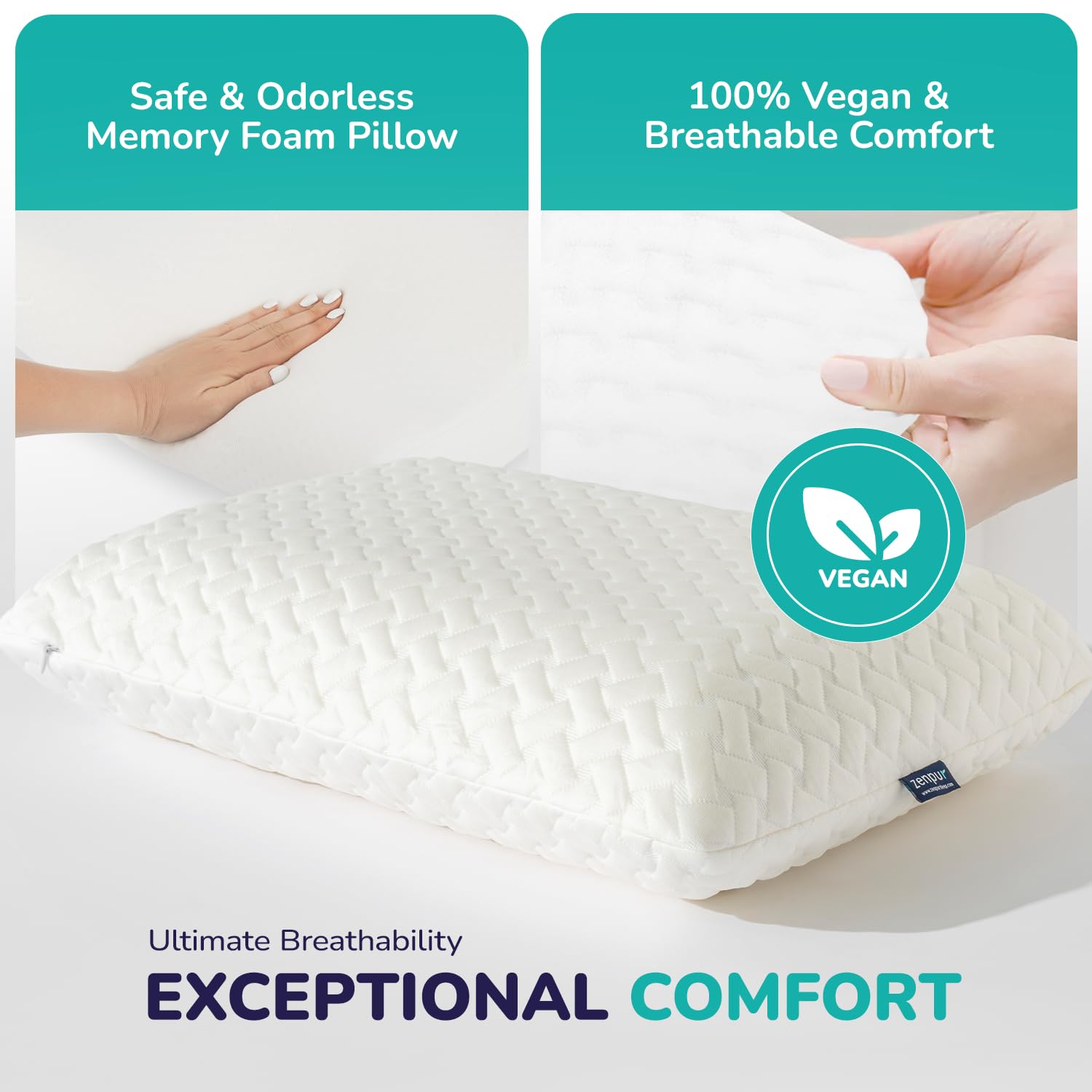 ZenPur Orthopedic Memory Foam Pillow – Cooling Bamboo Cover, 2-Pack