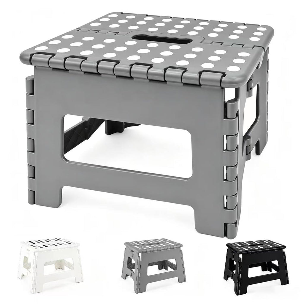 MASS DYNAMIC 9 Inch Folding Step Stool, Portable Plastic Footstool with Carry Handle, Non-Slip Top, Compact Collapsible Seat for Kitchen, Bathroom