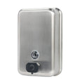Stainless steel soap dispenser on a white background
