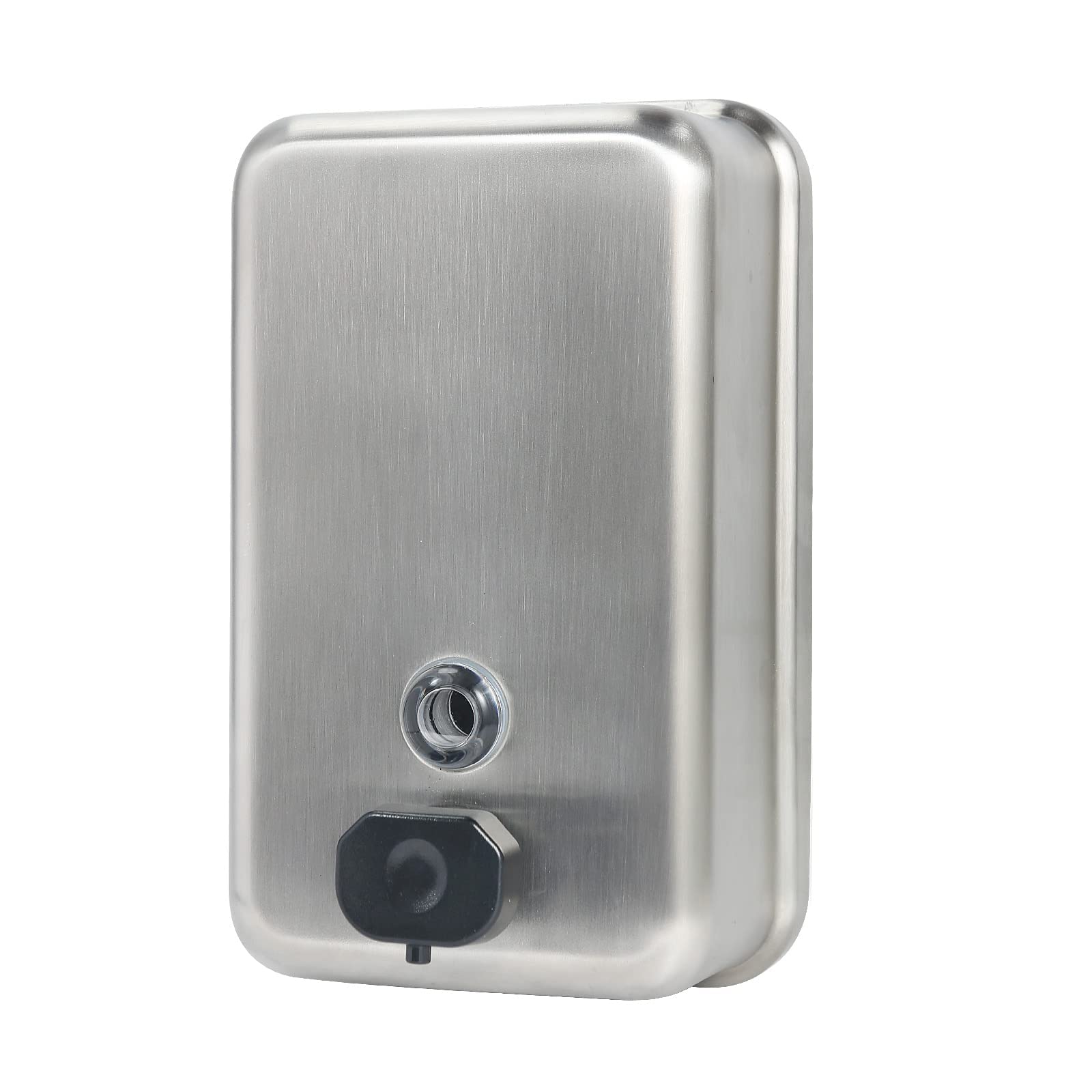 Stainless steel soap dispenser on a white background
