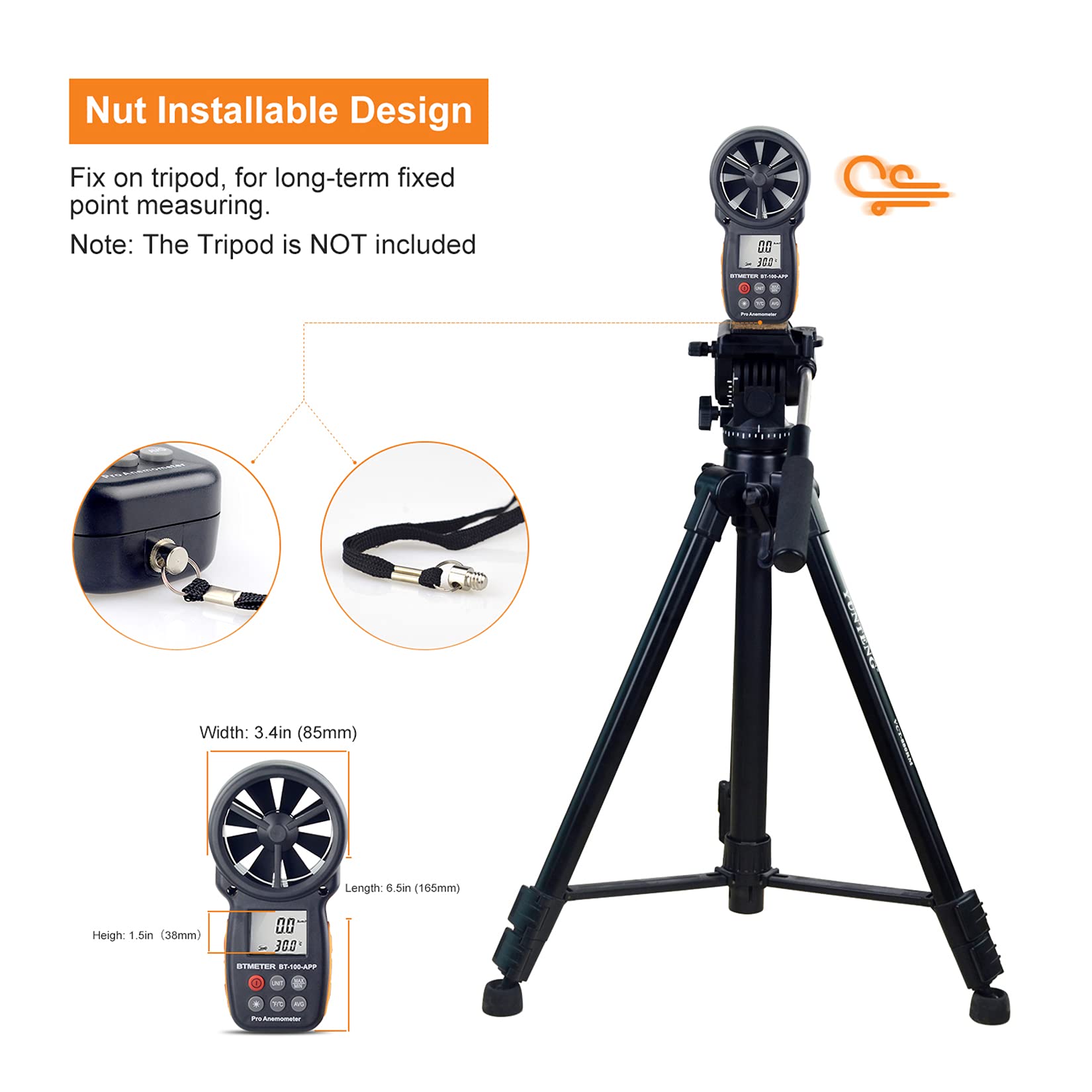 BTMETER BT-100APP Bluetooth Digital Anemometer - Handheld Wind Speed Meter