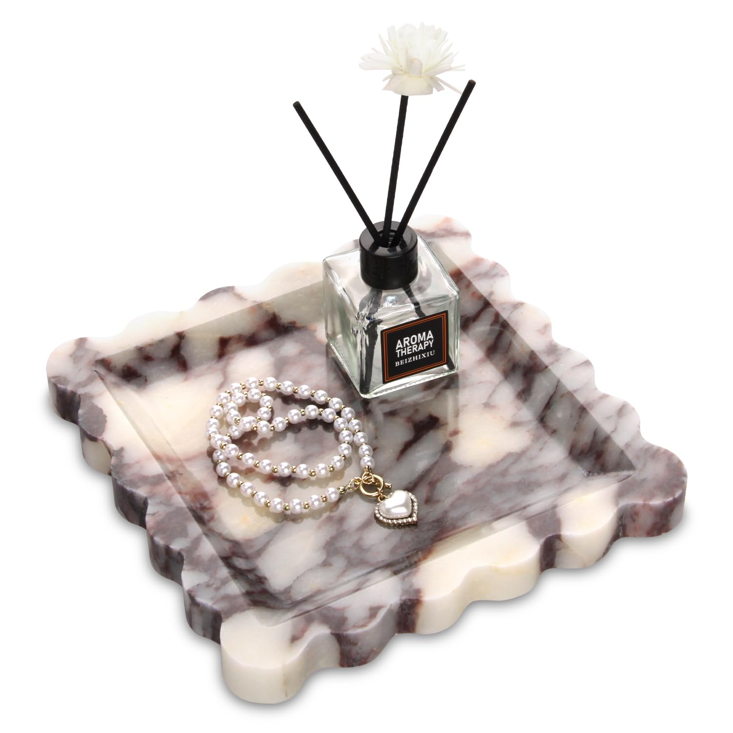 Jolof Store Scalloped Marble Vanity Tray – Calacatta Viola Stone, 20cm
