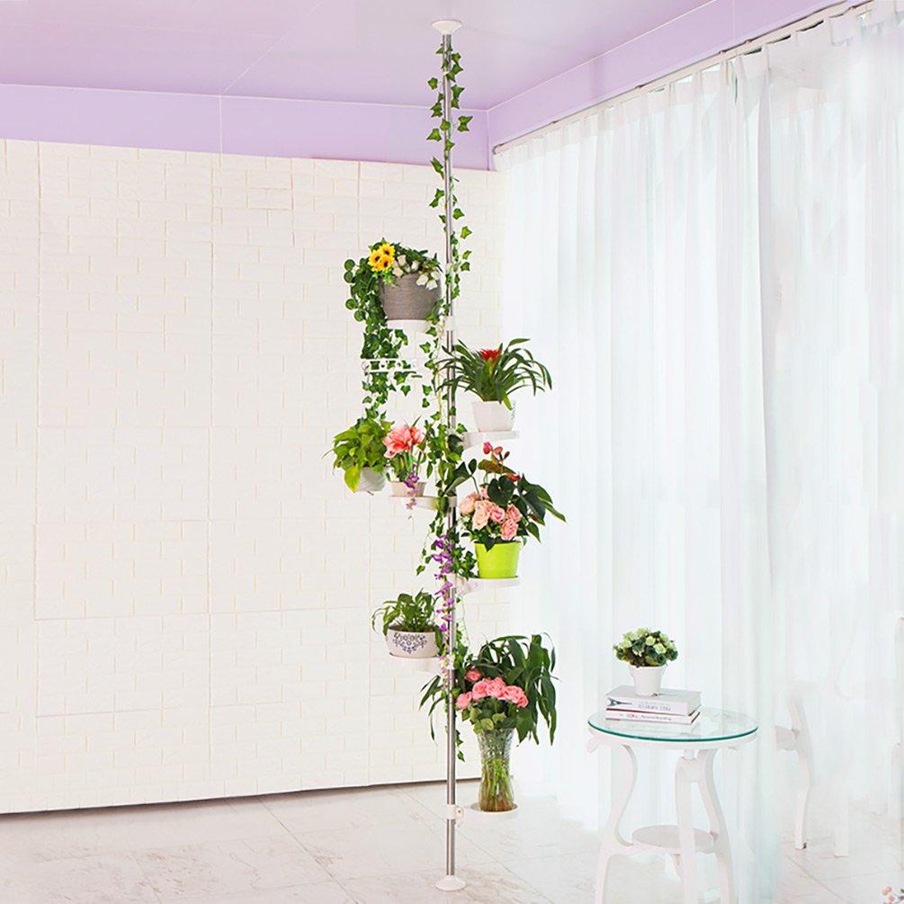 BAOYOUNI Tension Pole Plant Stand – 7-Tier Adjustable Metal Flower Rack