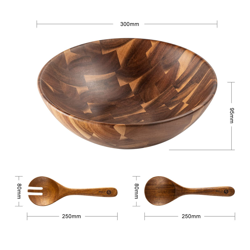 BF BILL.F Large Acacia Wood Salad Bowl Set - 30cm Serving Bowl with Servers