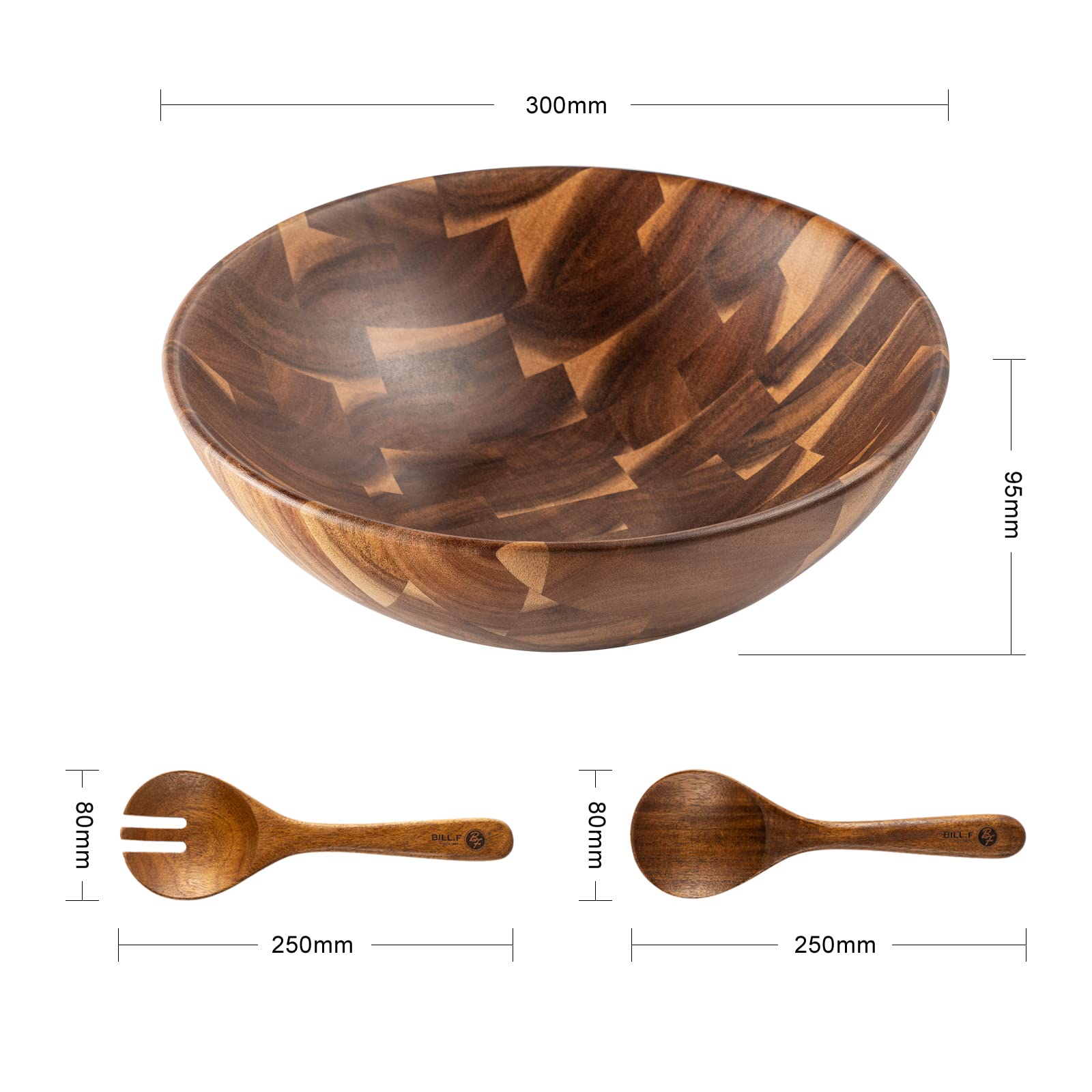 BF BILL.F Large Acacia Wood Salad Bowl Set - 30cm Serving Bowl with Servers