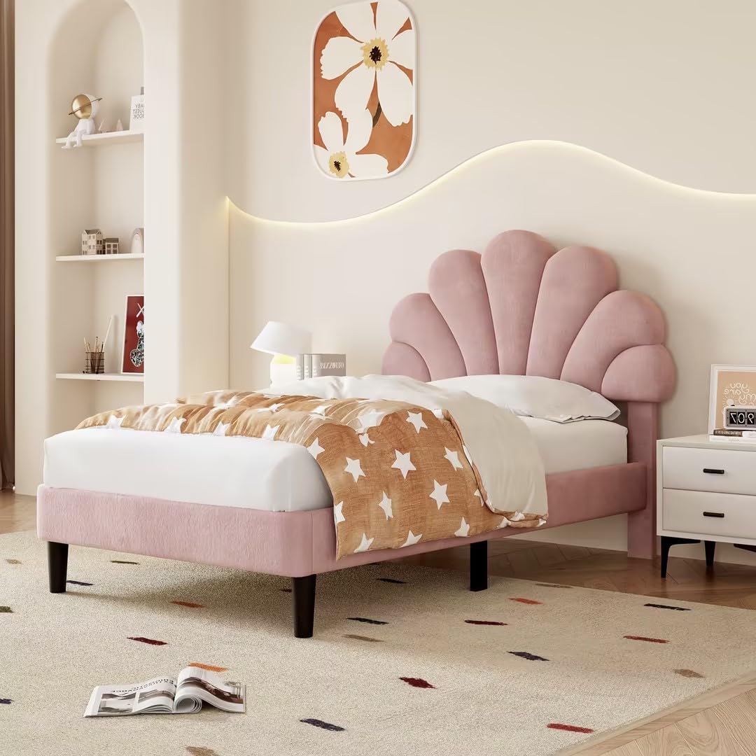 BTM Pink Velvet Single Bed Frame | Petal Design Upholstered 3FT Bed