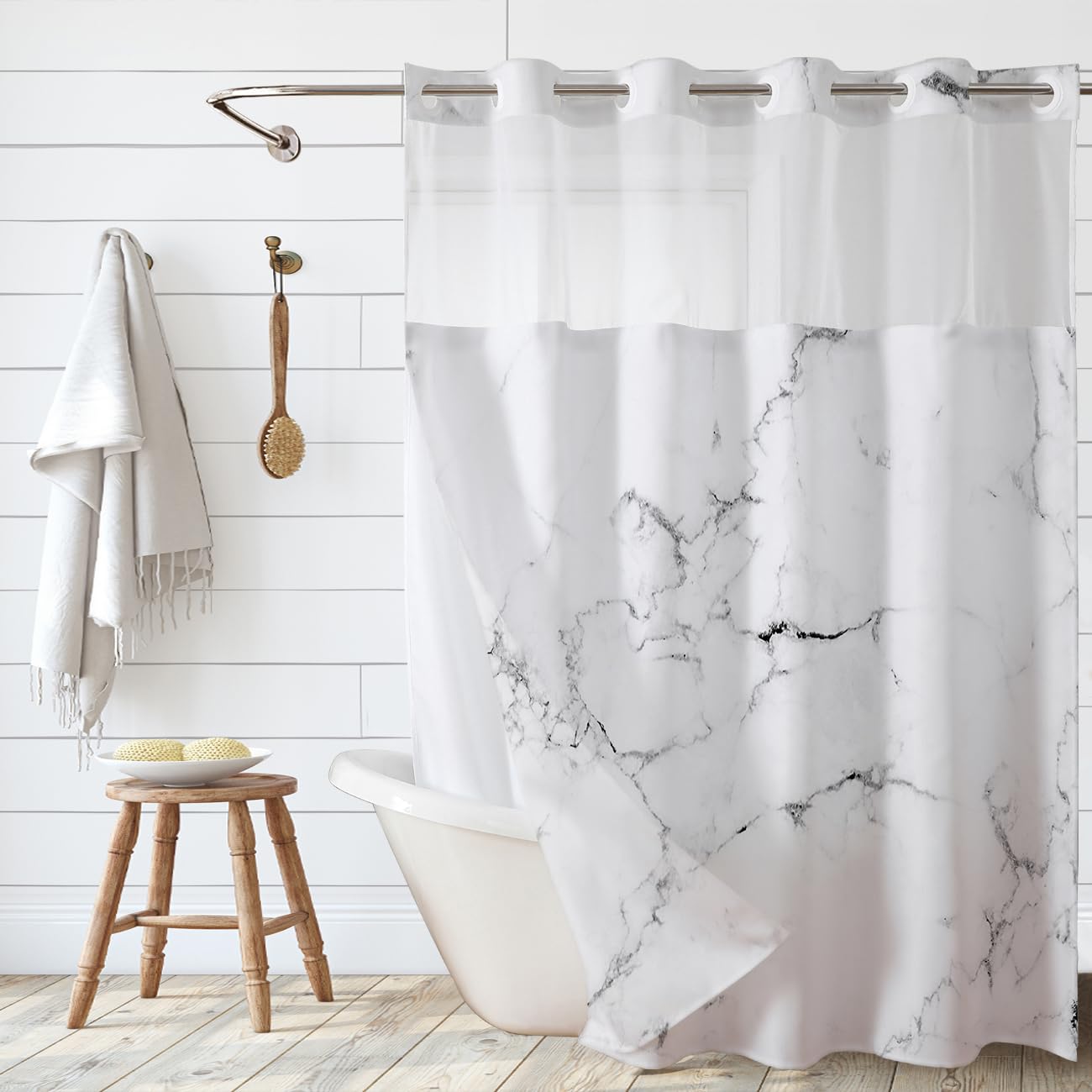 Grey Marble Hookless Shower Curtain with Snap-in Liner