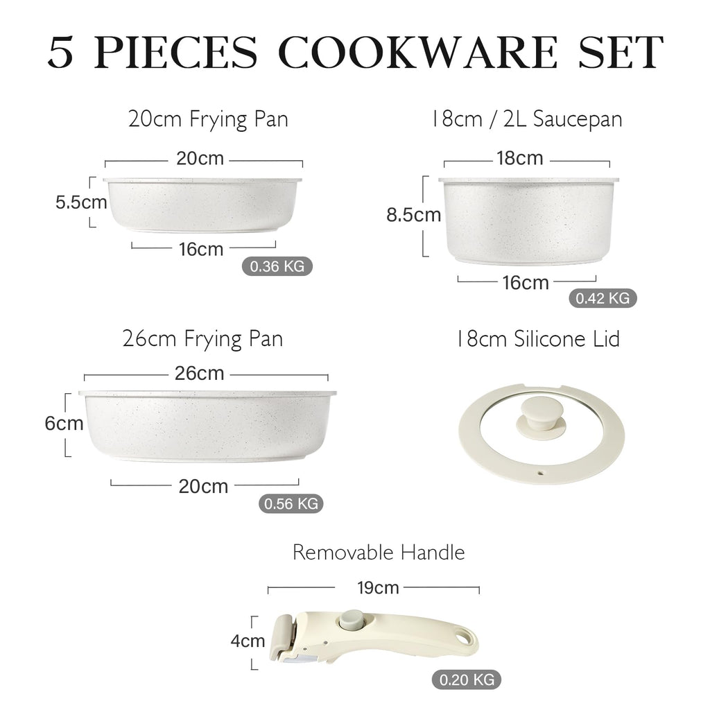 GiPP 5-Piece Nonstick Cookware Set with Detachable Handle – White