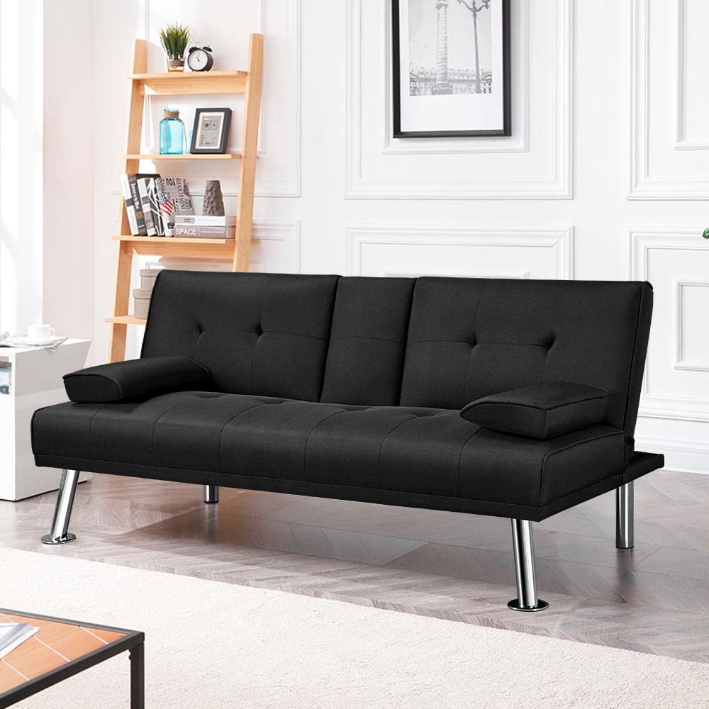 Yaheetech Black 3-in-1 Convertible Sofa Bed with Cup Holder Adjustable Back - image 3