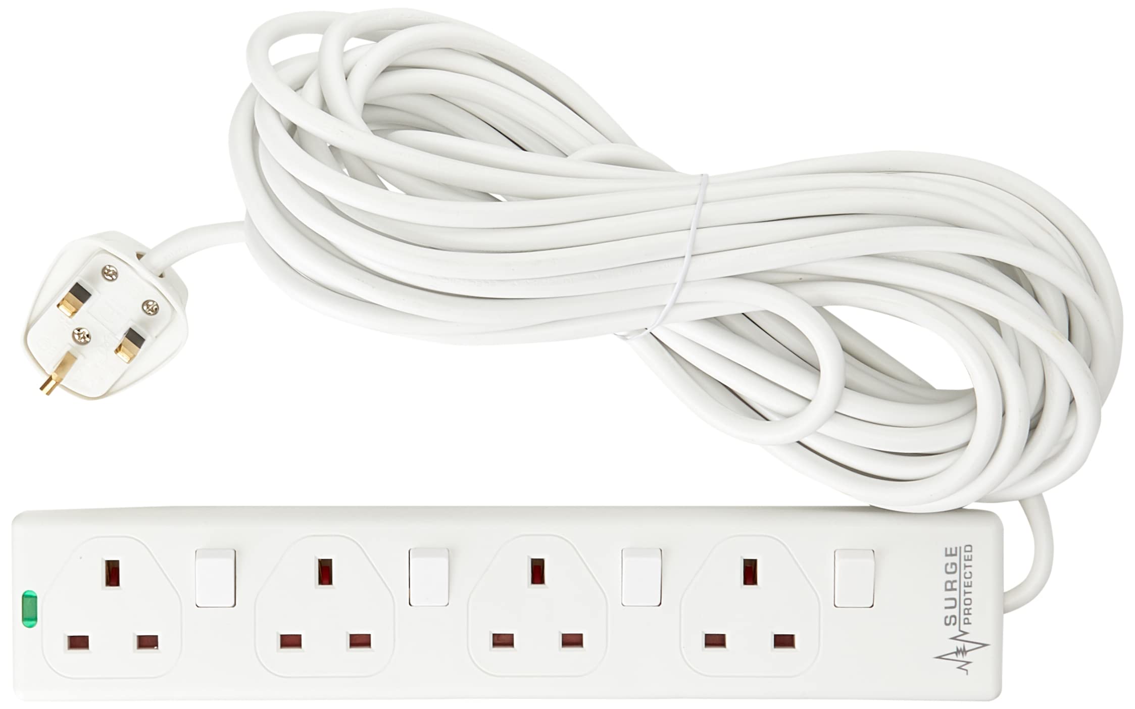 Pro Elec 4 Gang Switched Surge Protected Extension Lead, White - 10m