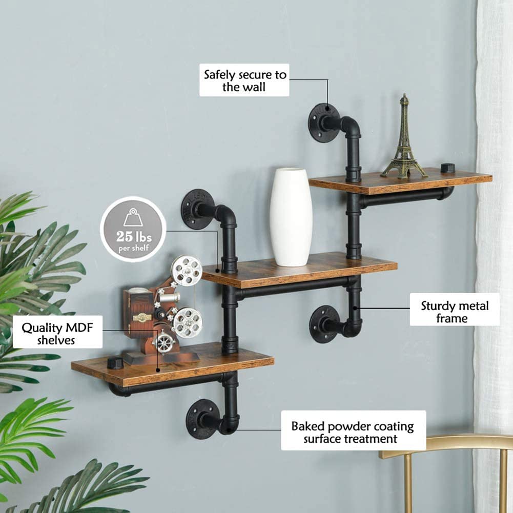 SaiDuoDuo 3-Tier Industrial Pipe Floating Shelves | Rustic Wood Wall Shelf