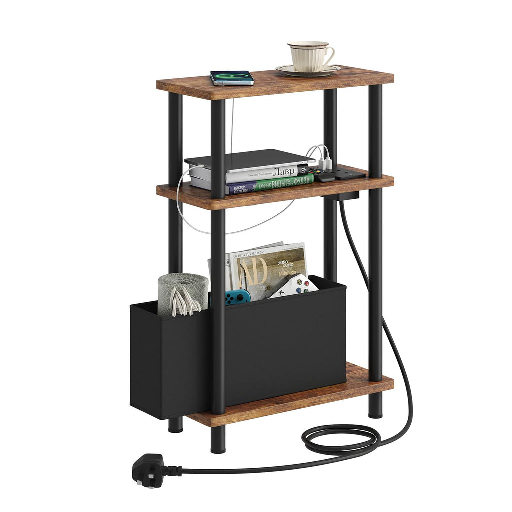 APICIZON Narrow Side Table, 3 Tier Bed Side Table, Slim End Table with Charging Station, for Living Room, Bedroom