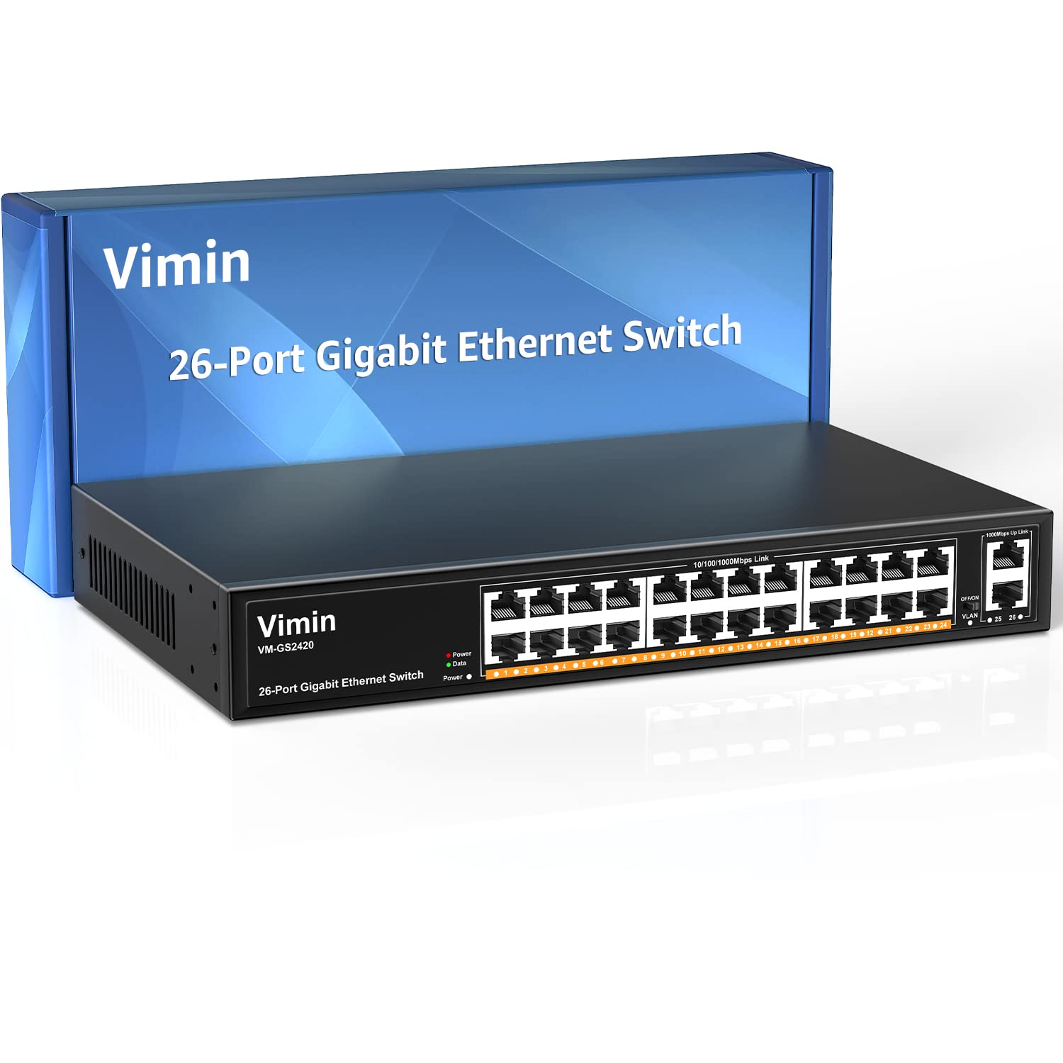 VIMIN 24-Port Gigabit Ethernet Switch | 26-Port Unmanaged Rackmount