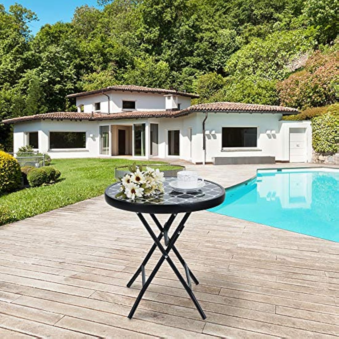 PHI VILLA Folding Side Table | Tempered Glass Outdoor Patio Table – Black