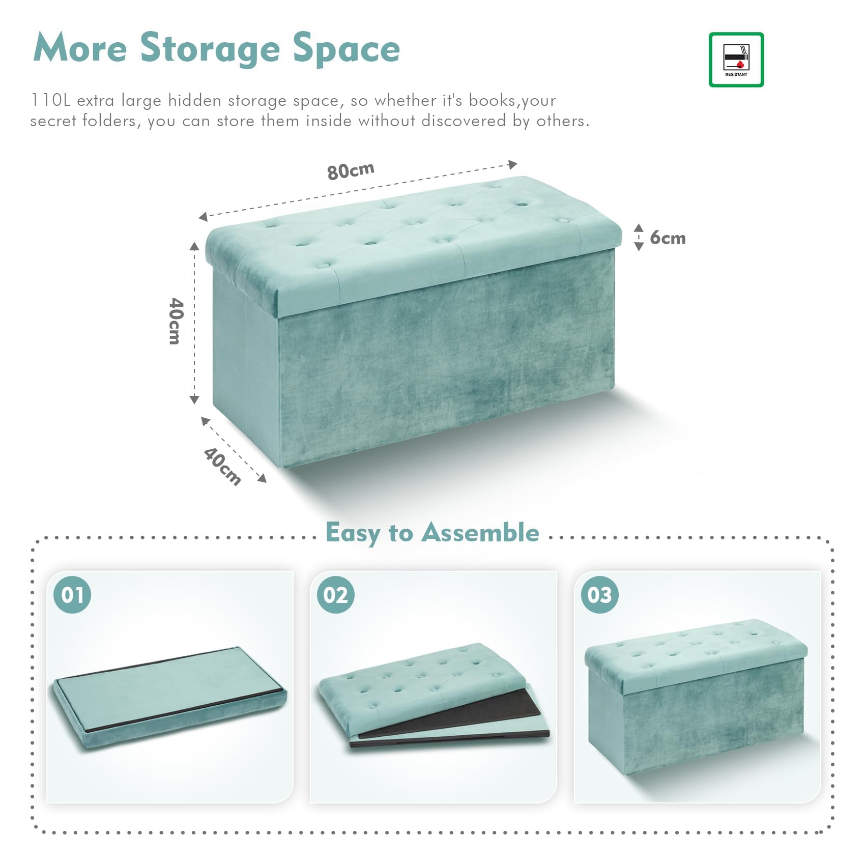 Bonlife Folding Velvet Ottoman Storage Bench - Green Toy Chest, 80cm