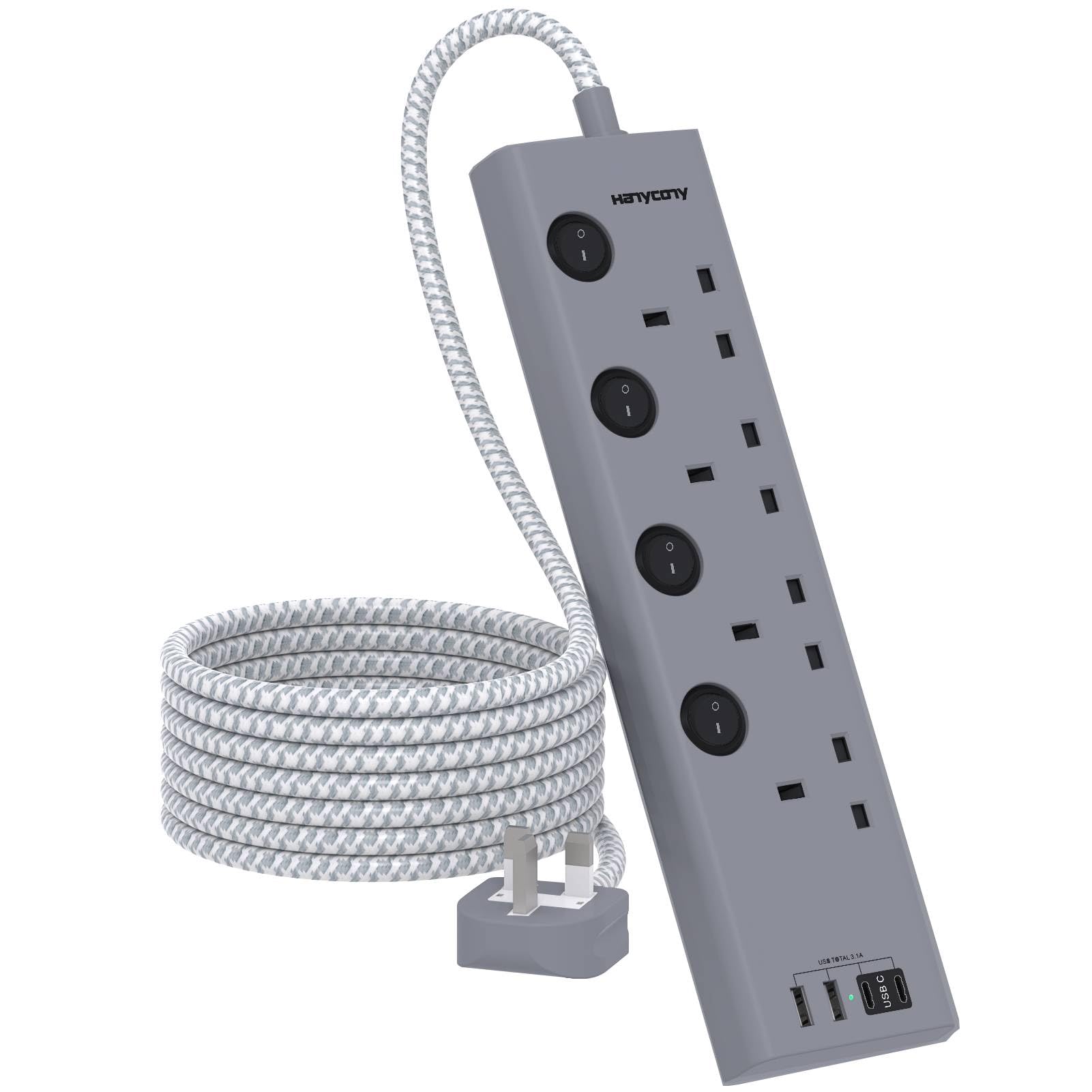 HANYCONY 4 Way Extension Lead with 4 USB Slots & Individual Switches