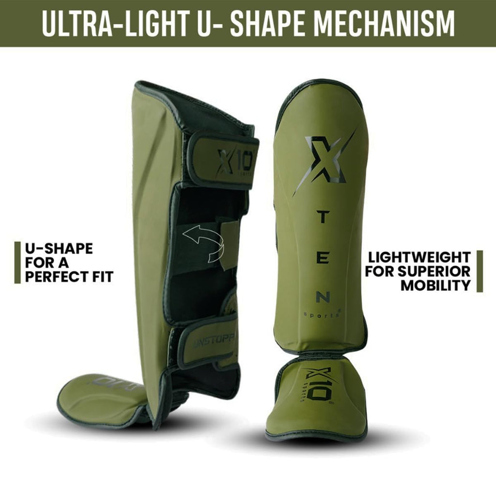 XTEN SPORTS Muay Thai Shin Guards – Gel Padded Leather – Olive Green