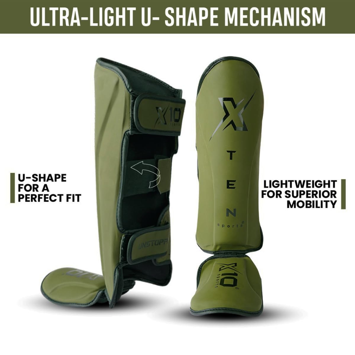 XTEN SPORTS Muay Thai Shin Guards – Gel Padded Leather – Olive Green