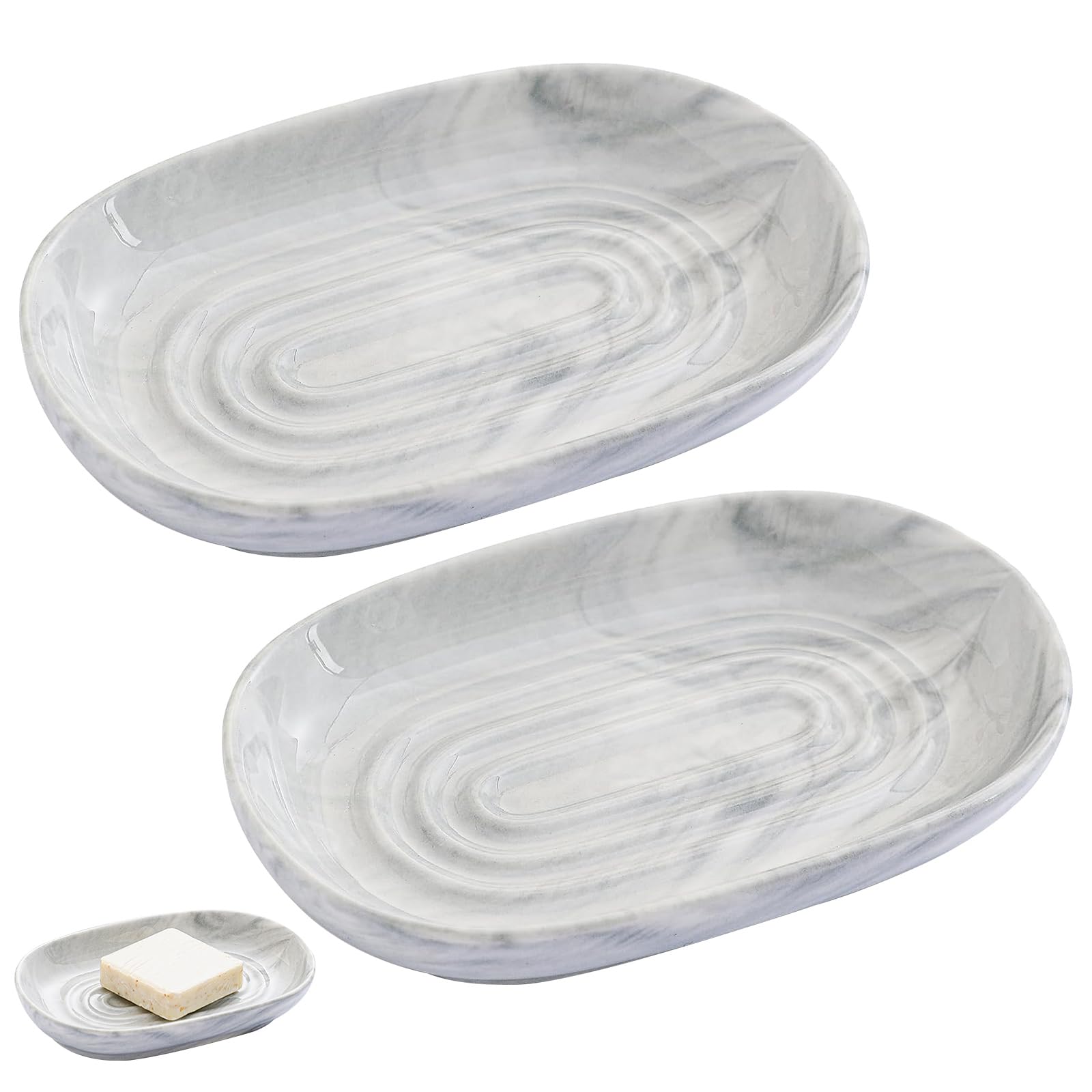 Ceramic Soap Dish - 2 Pcs Grey Marble Soap Holder for Bathroom