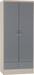 Seconique Nevada 2 Door 1 Drawer Wardrobe - Grey Gloss & Light Oak