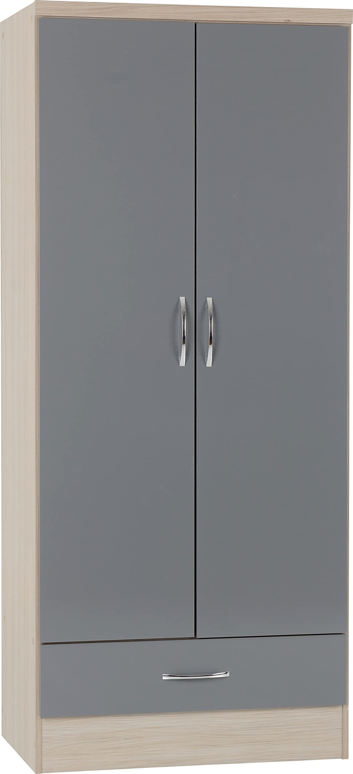 Seconique Nevada 2 Door 1 Drawer Wardrobe - Grey Gloss & Light Oak