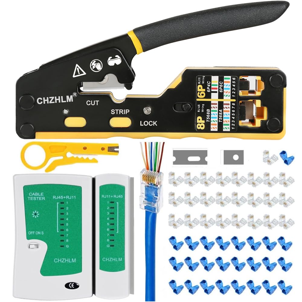 RJ45 Pass Through Crimp Tool Kit with Cable Tester
