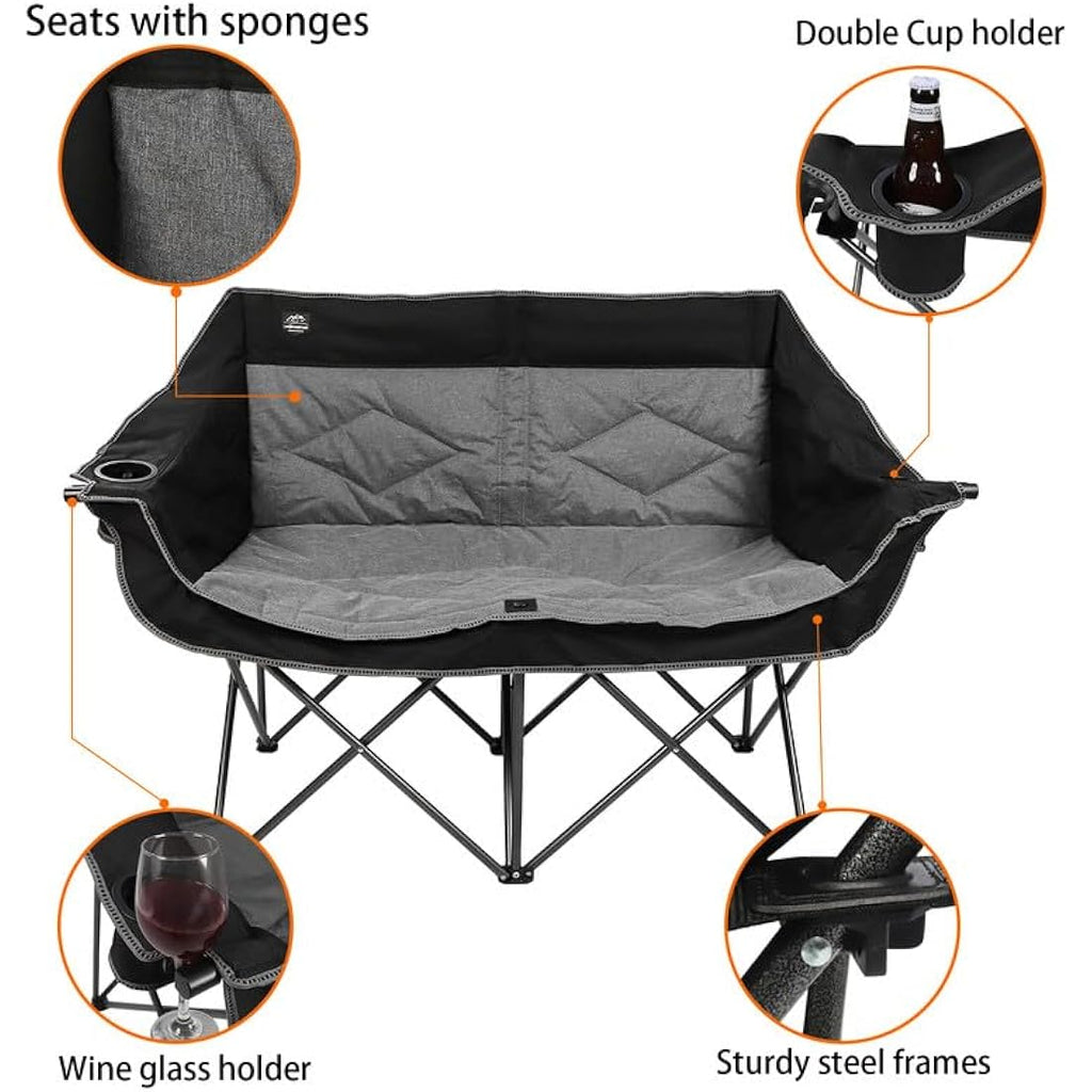 LANMOUNTAIN Folding Camping Loveseat – Heavy Duty Double Chair, Black