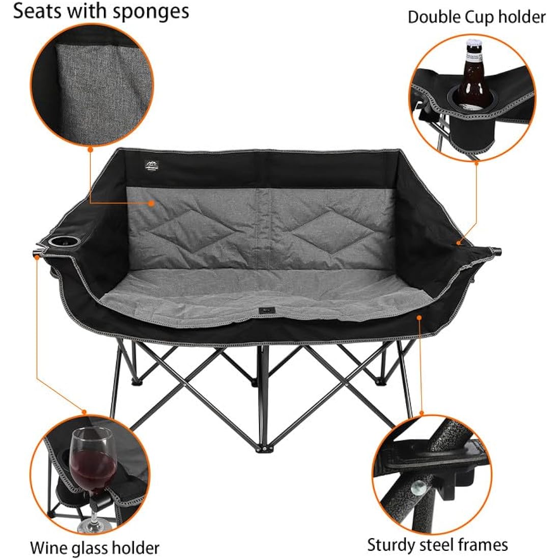 LANMOUNTAIN Folding Camping Loveseat – Heavy Duty Double Chair, Black